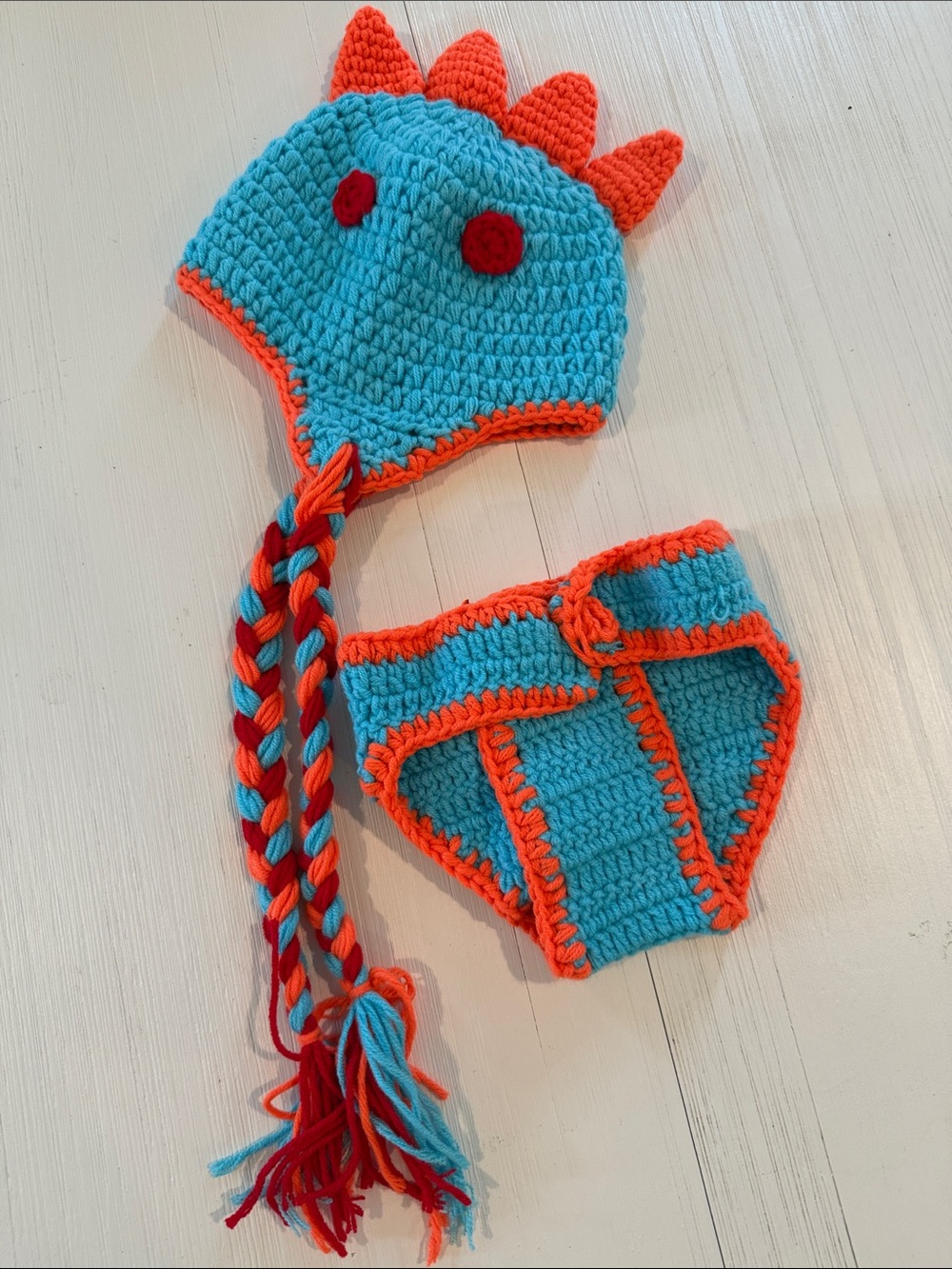 Handmade Blue and Orange Crochet Dino Hat & Diaper Cover Set